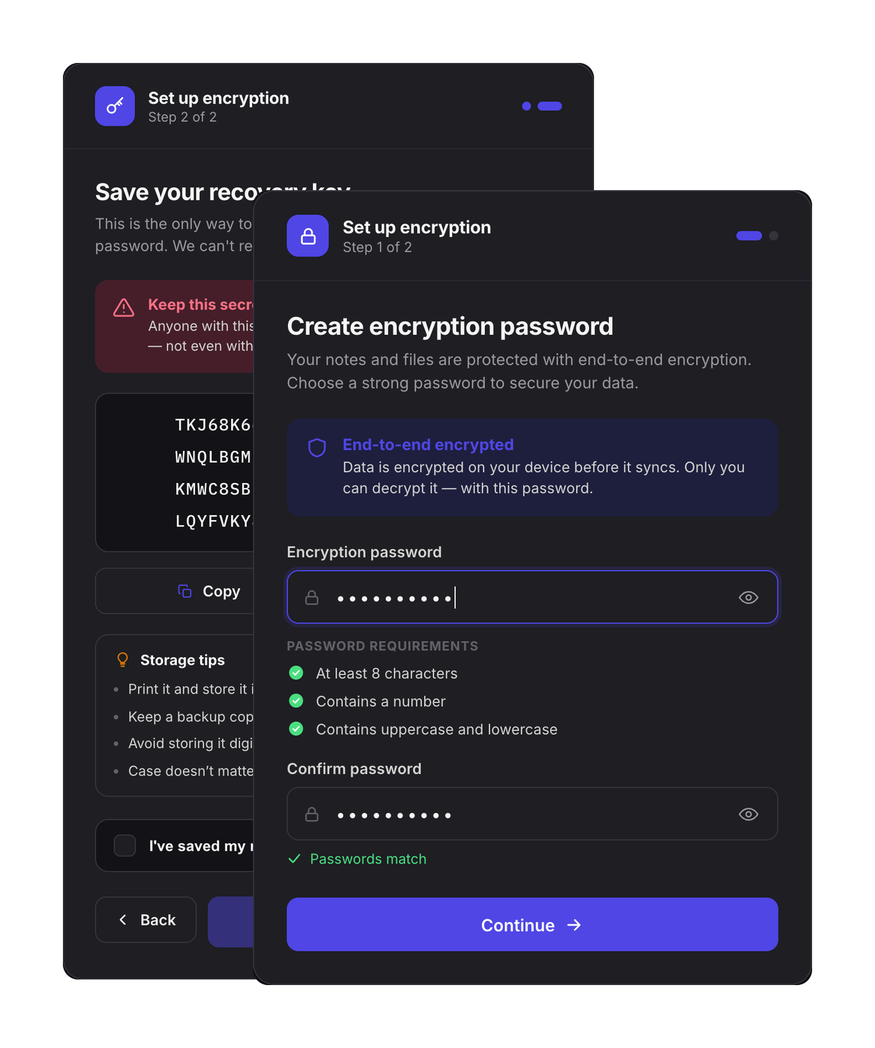 Jotifi's end-to-end encryption setup—create a password and save a recovery key
