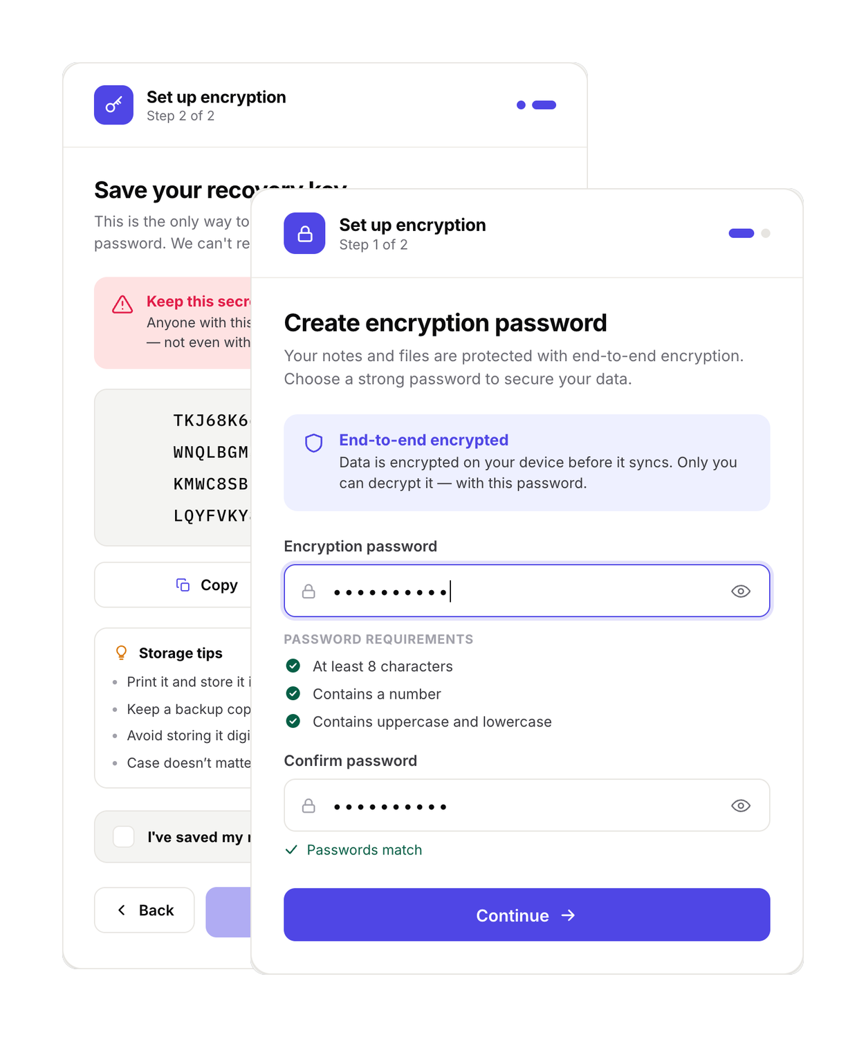Jotifi's end-to-end encryption setup—create a password and save a recovery key