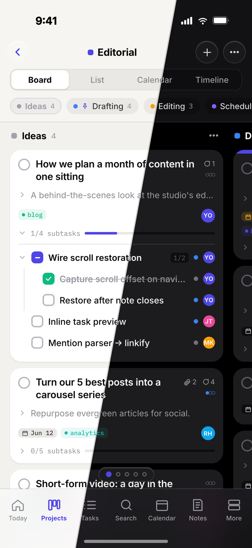 Jotifi mobile kanban board with swipeable columns, shown split between light and dark mode