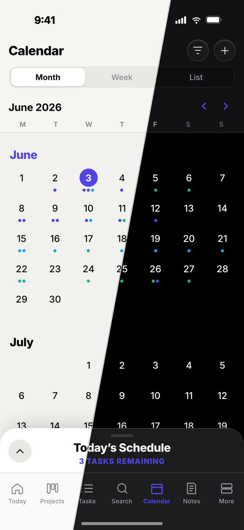 Jotifi mobile calendar in month view, shown split between light and dark mode