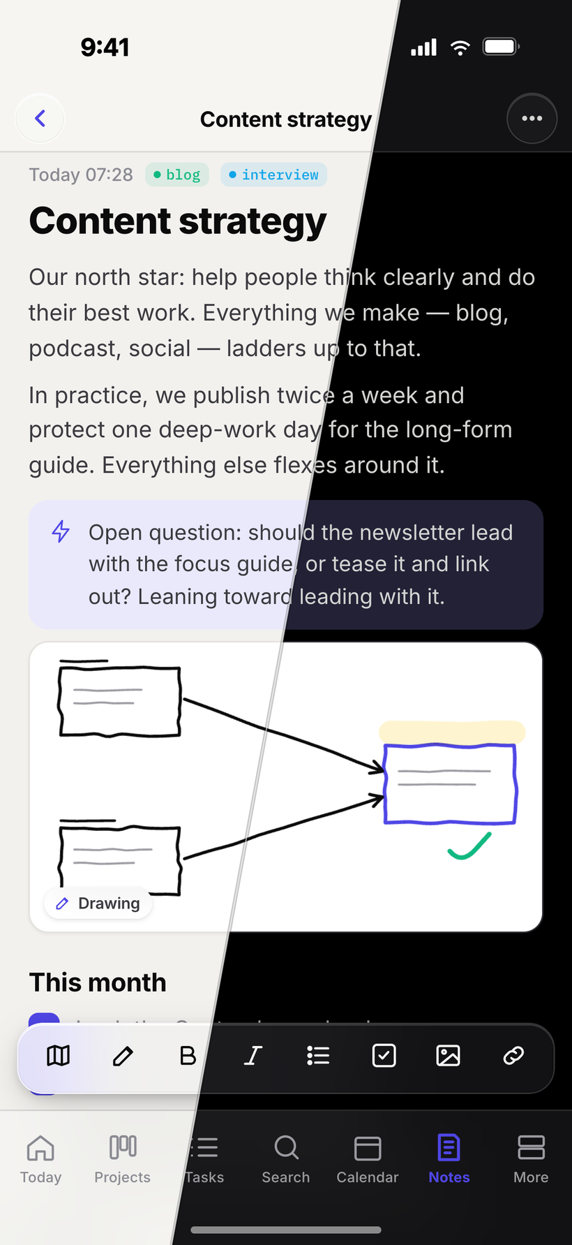 A Jotifi note open on mobile with rich text and a sketch, shown split between light and dark mode