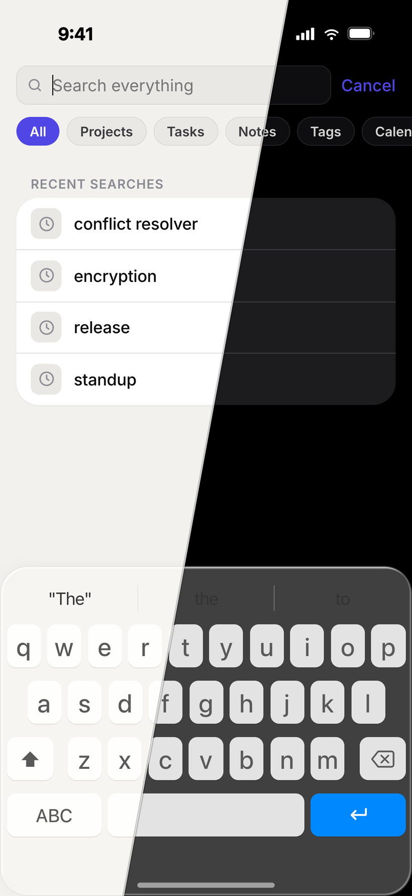 Jotifi mobile universal search, shown split between light and dark mode