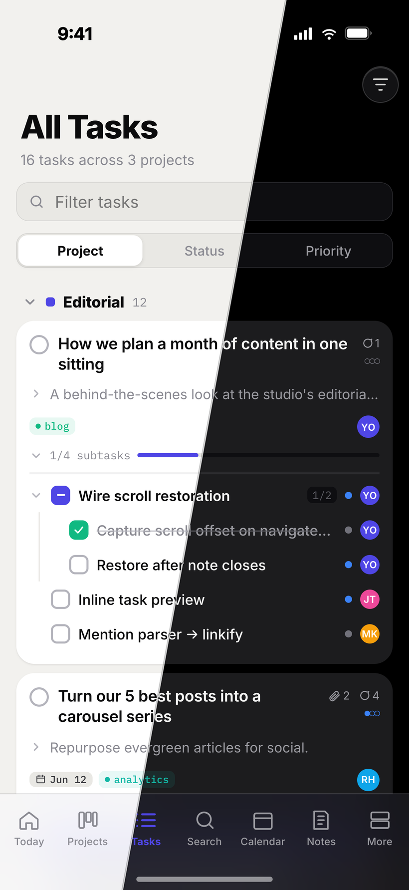 Jotifi mobile all-tasks list grouped by status, shown split between light and dark mode