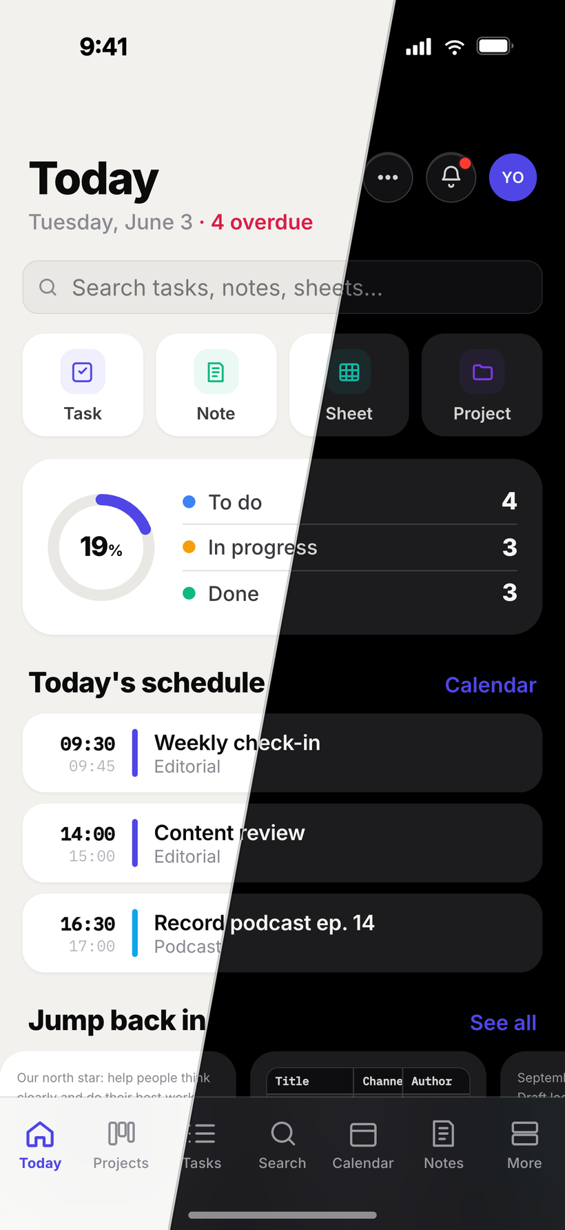 Jotifi mobile Today view with progress ring and schedule, shown split between light and dark mode