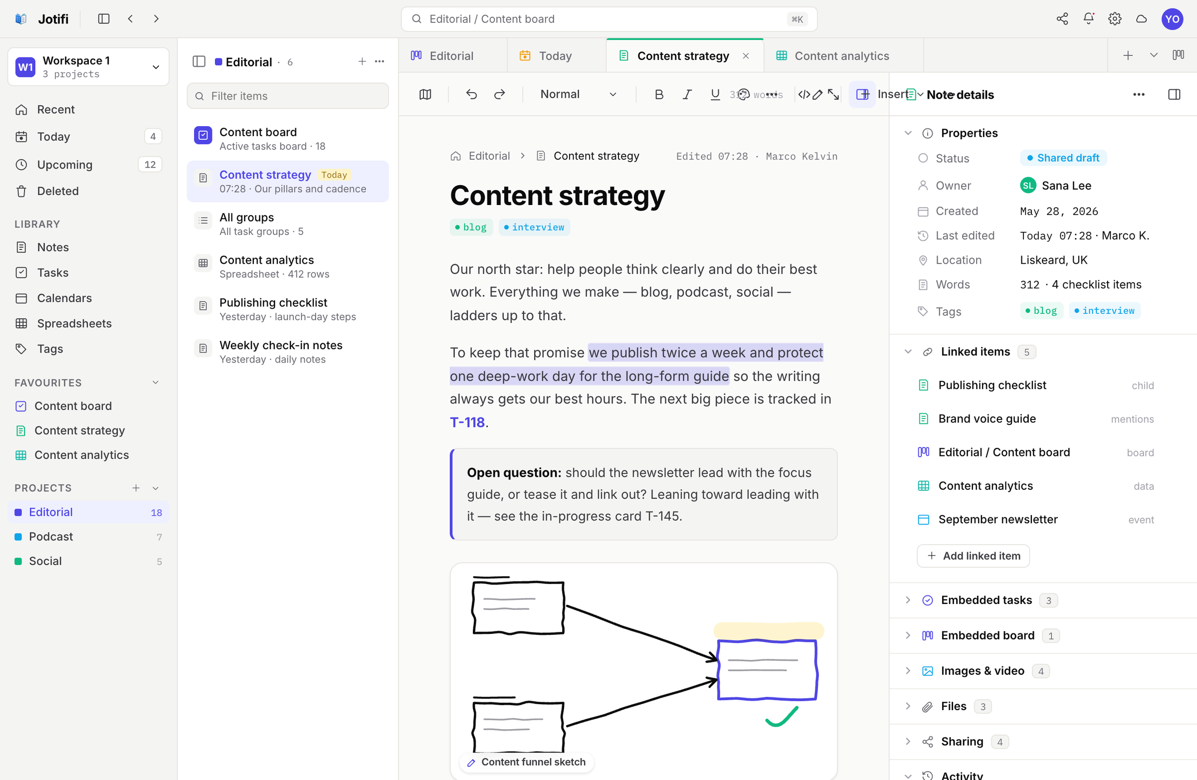 A Jotifi note open on desktop with a phone showing the same note