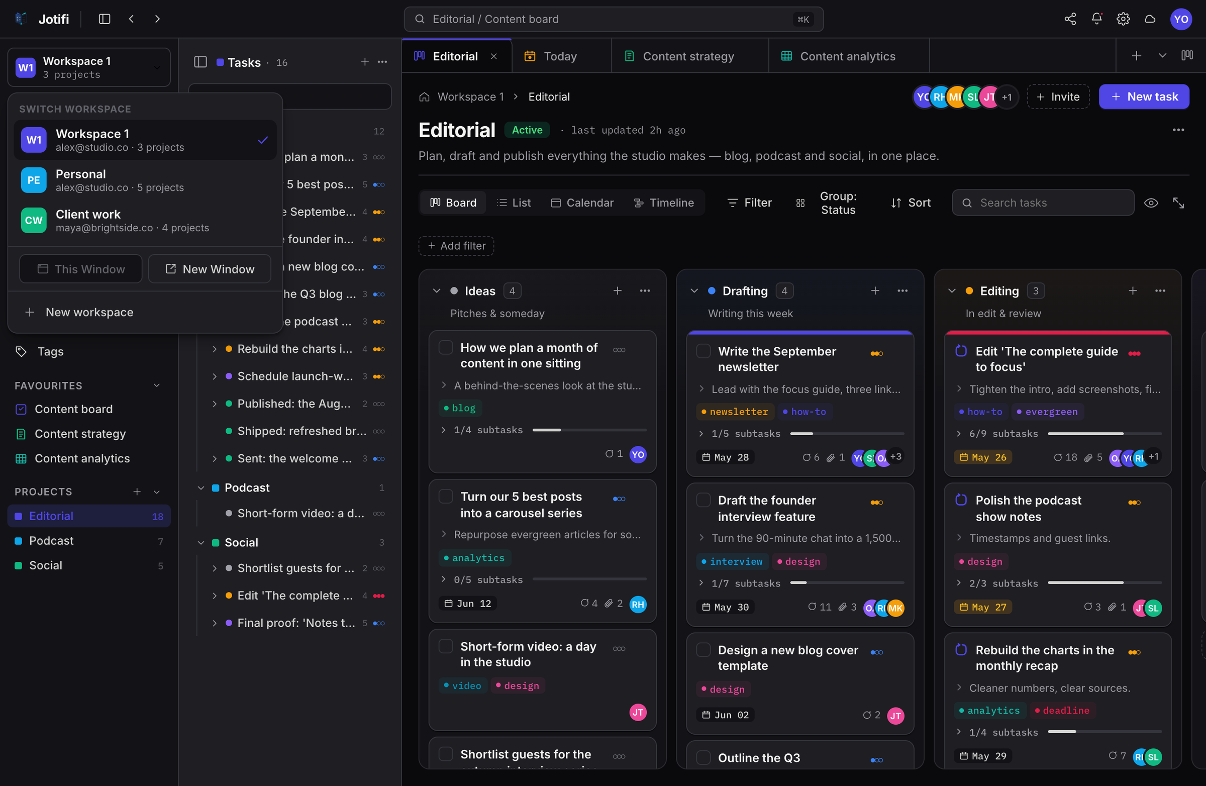 The Jotifi workspace switcher on desktop with a phone showing workspaces on mobile