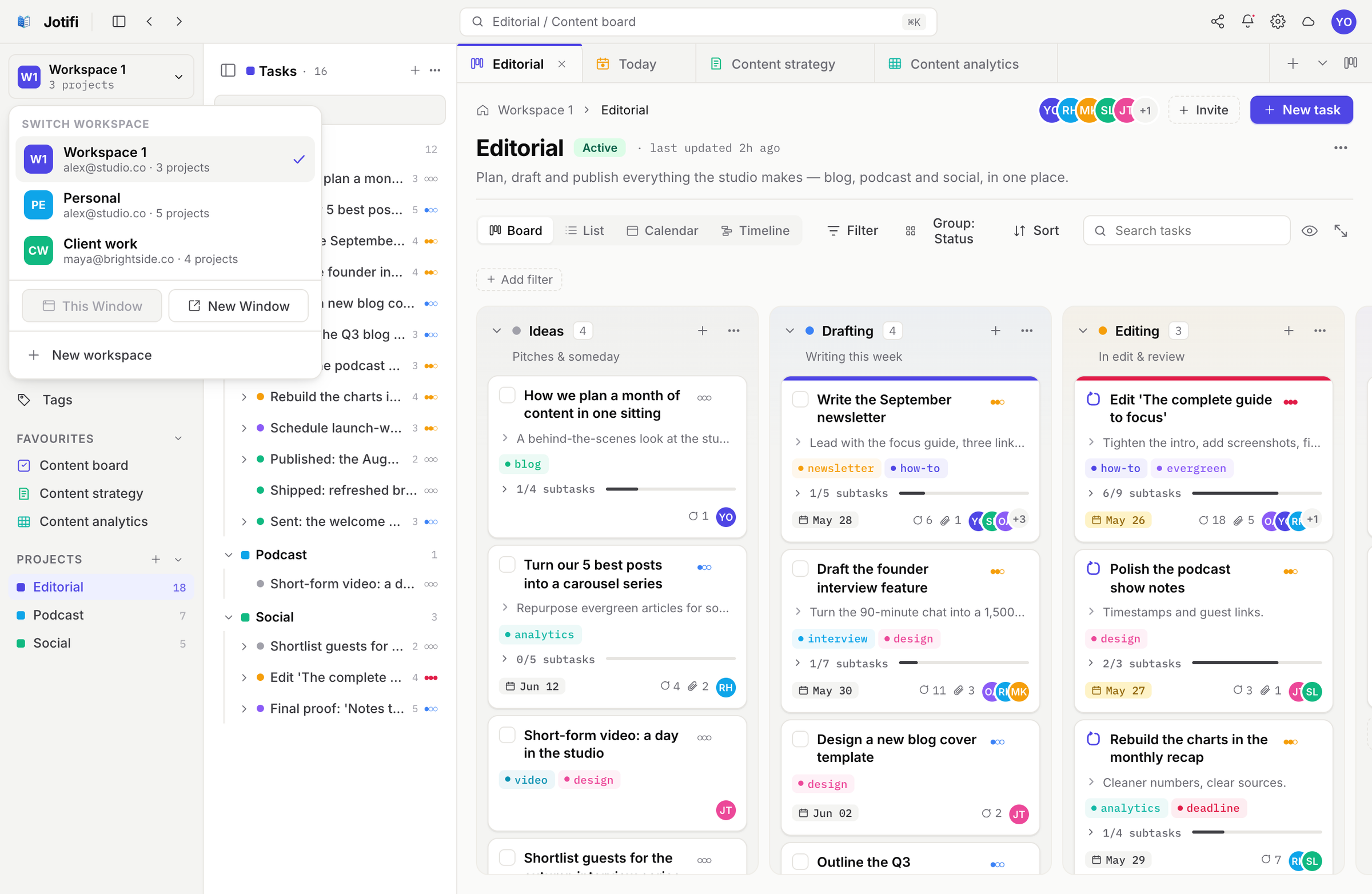 The Jotifi workspace switcher on desktop with a phone showing workspaces on mobile